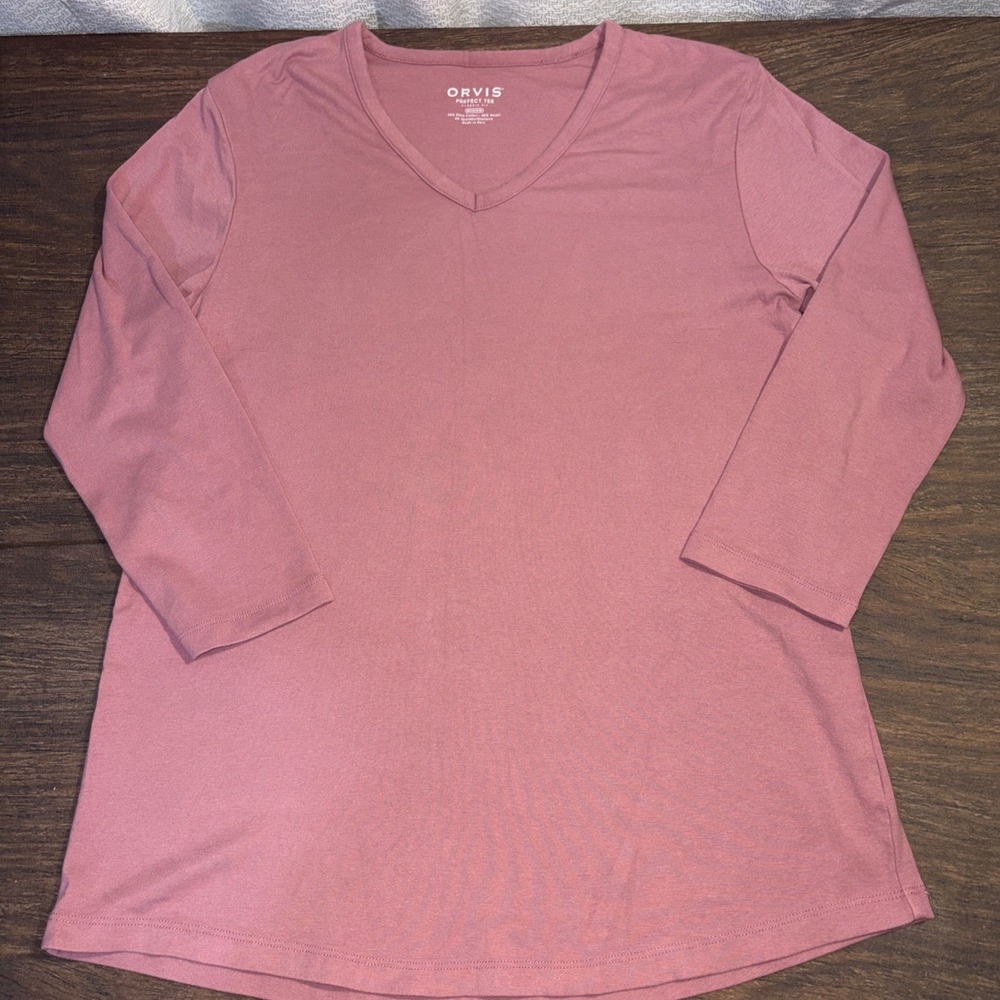 Orvis Perfect Tee Classic Fit Women's Medium Mauve V Neck 3/4 Sleeve Shirt
